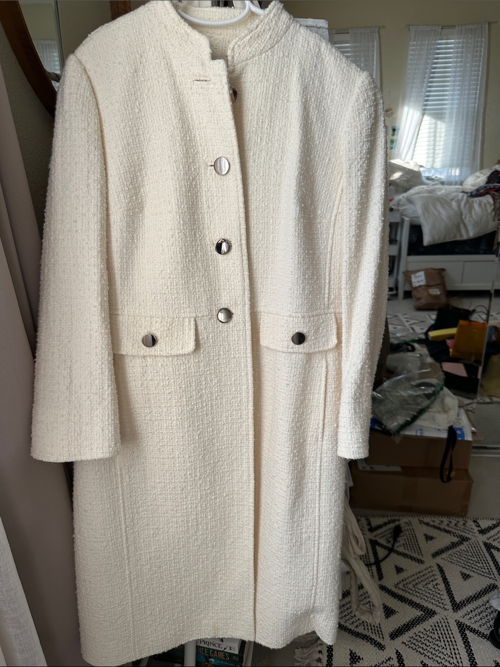 Brand new w/ tags Anne Klein Cream Textured Long Trench Coat with Button Front - Picture 6 of 6